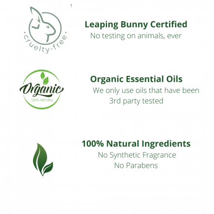 Leaping bunny, organic essential oils and natural ingredients